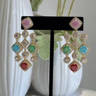 Multicolor CZ Gold Tone Chandelier Earrings Pakistani Indian Statement Jewelry