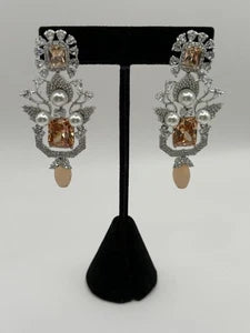 Champagne Crystal Pearl Statement Earrings – Luxury Bridal Drop Earrings