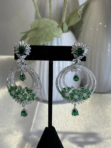 Emerald Green CZ Chandbali Earrings Silver Tone Pakistani Jewelry