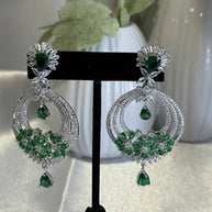 Emerald Green CZ Chandbali Earrings Silver Tone Pakistani Jewelry