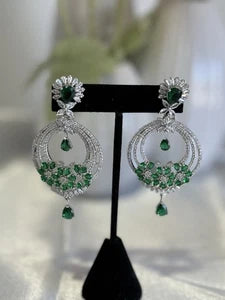 Emerald Green CZ Chandbali Earrings Silver Tone Pakistani Jewelry