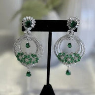 Emerald Green CZ Chandbali Earrings Silver Tone Pakistani Jewelry