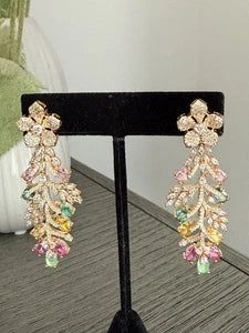 Hazoori Luxury Floral Crystal Statement Earrings | Multicolor Gemstone Earrings