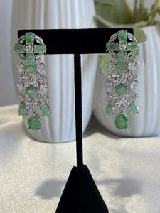Green CZ Silver Tone Chandelier Drop Earrings Pakistani Indian Jewelry
