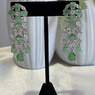 Green CZ Silver Tone Chandelier Drop Earrings Pakistani Indian Jewelry