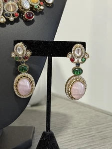 Sabyasachi Inspired Necklace Earrings Set | Pink Stone Multicolor Gem Bridal Jew