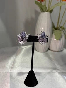 Lavender Pink Leaf CZ Stud Earrings Silver Tone Floral Statement Jewelry