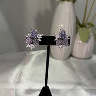 Lavender Pink Leaf CZ Stud Earrings Silver Tone Floral Statement Jewelry