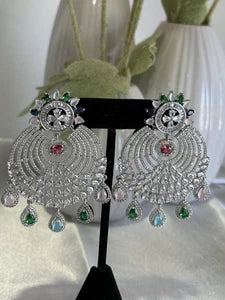Multicolor CZ Chandbali Earrings Silver Tone Pakistani Indian Jewelry