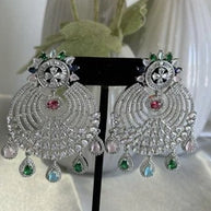 Multicolor CZ Chandbali Earrings Silver Tone Pakistani Indian Jewelry