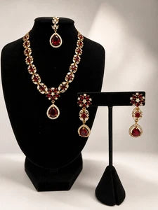 Elegant Ruby Red Jewelry Set with Matching Earrings & Tikka