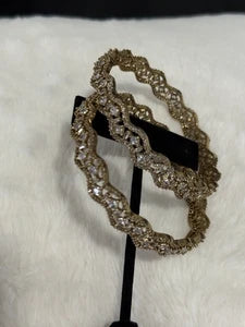 Gold Tone American Diamond Bangles Set Size 2.10 Elegant Wavy Crystal Design