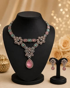 Vintage Inspired Pink- Green Crystal Jewelry Set – Statement Necklace & Earrings