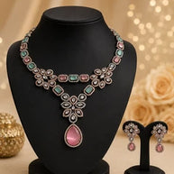Vintage Inspired Pink- Green Crystal Jewelry Set – Statement Necklace & Earrings