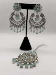Mint Green Crystal Chandbali Earrings and Tikka