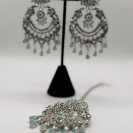 Mint Green Crystal Chandbali Earrings and Tikka