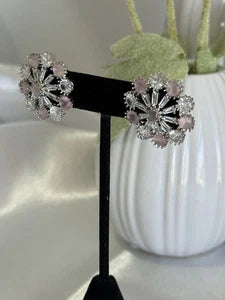 Blush Pink CZ Floral Stud Earrings Silver Tone Party Jewelry