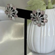 Blush Pink CZ Floral Stud Earrings Silver Tone Party Jewelry
