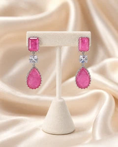 Pink CZ Silver Tone Drop Earrings Indian Pakistani Statement Jewelry