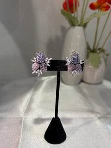 Lavender Pink Leaf CZ Stud Earrings Silver Tone Floral Statement Jewelry