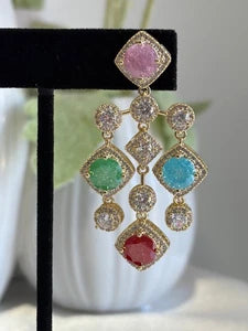 Multicolor CZ Gold Tone Chandelier Earrings Pakistani Indian Statement Jewelry