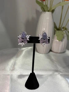 Lavender Pink Leaf CZ Stud Earrings Silver Tone Floral Statement Jewelry
