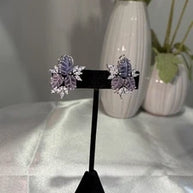 Lavender Pink Leaf CZ Stud Earrings Silver Tone Floral Statement Jewelry
