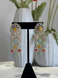 Multicolor Heart CZ Gold Tone Chandelier Earrings Pakistani Indian Jewelry