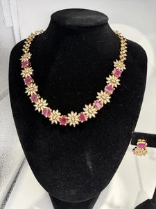 Elegant Pink Crystal Necklace & Earrings Set