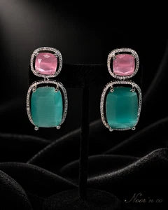 Pink Teal CZ Drop Earrings Silver Tone Statement Fashion Jewelry