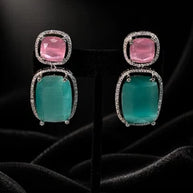 Pink Teal CZ Drop Earrings Silver Tone Statement Fashion Jewelry
