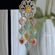 Multicolor Heart CZ Gold Tone Chandelier Earrings Pakistani Indian Jewelry