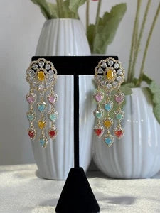 Multicolor Heart CZ Gold Tone Chandelier Earrings Pakistani Indian Jewelry