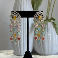 Multicolor Heart CZ Gold Tone Chandelier Earrings Pakistani Indian Jewelry