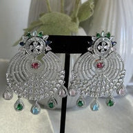 Multicolor CZ Chandbali Earrings Silver Tone Pakistani Indian Jewelry