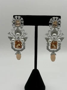 Champagne Crystal Pearl Statement Earrings – Luxury Bridal Drop Earrings