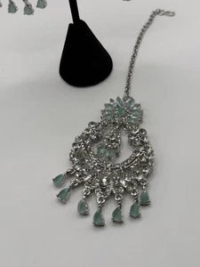 Mint Green Crystal Chandbali Earrings and Tikka