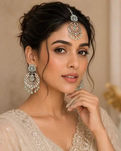 Mint Green Crystal Chandbali Earrings and Tikka