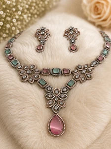 Vintage Inspired Pink- Green Crystal Jewelry Set – Statement Necklace & Earrings