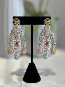 Multicolor CZ Gold Tone Chandelier Earrings Pakistani Indian Bridal Jewelry