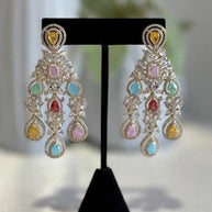 Multicolor CZ Gold Tone Chandelier Earrings Pakistani Indian Bridal Jewelry