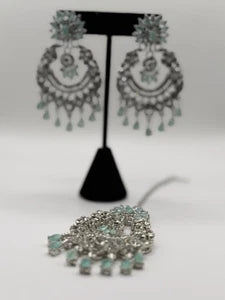 Mint Green Crystal Chandbali Earrings and Tikka
