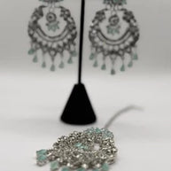 Mint Green Crystal Chandbali Earrings and Tikka