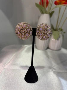 Pink Lavender Gold Tone CZ Round Statement Earrings Indian Pakistani Jewelry