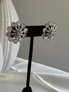 Blush Pink CZ Floral Stud Earrings Silver Tone Party Jewelry