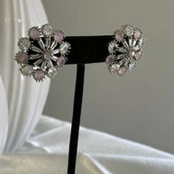Blush Pink CZ Floral Stud Earrings Silver Tone Party Jewelry