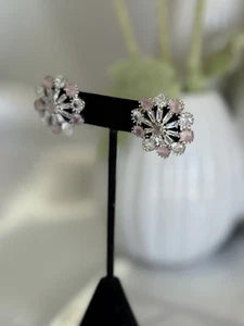 Blush Pink CZ Floral Stud Earrings Silver Tone Party Jewelry