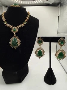 Emerald Green Teardrop Necklace Set with Matching Earrings & Tikka