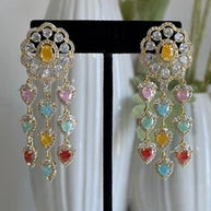 Multicolor Heart CZ Gold Tone Chandelier Earrings Pakistani Indian Jewelry