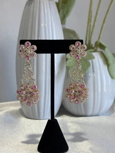 Pink Floral CZ Gold Tone Chandelier Earrings Pakistani Indian Bridal Jewelry